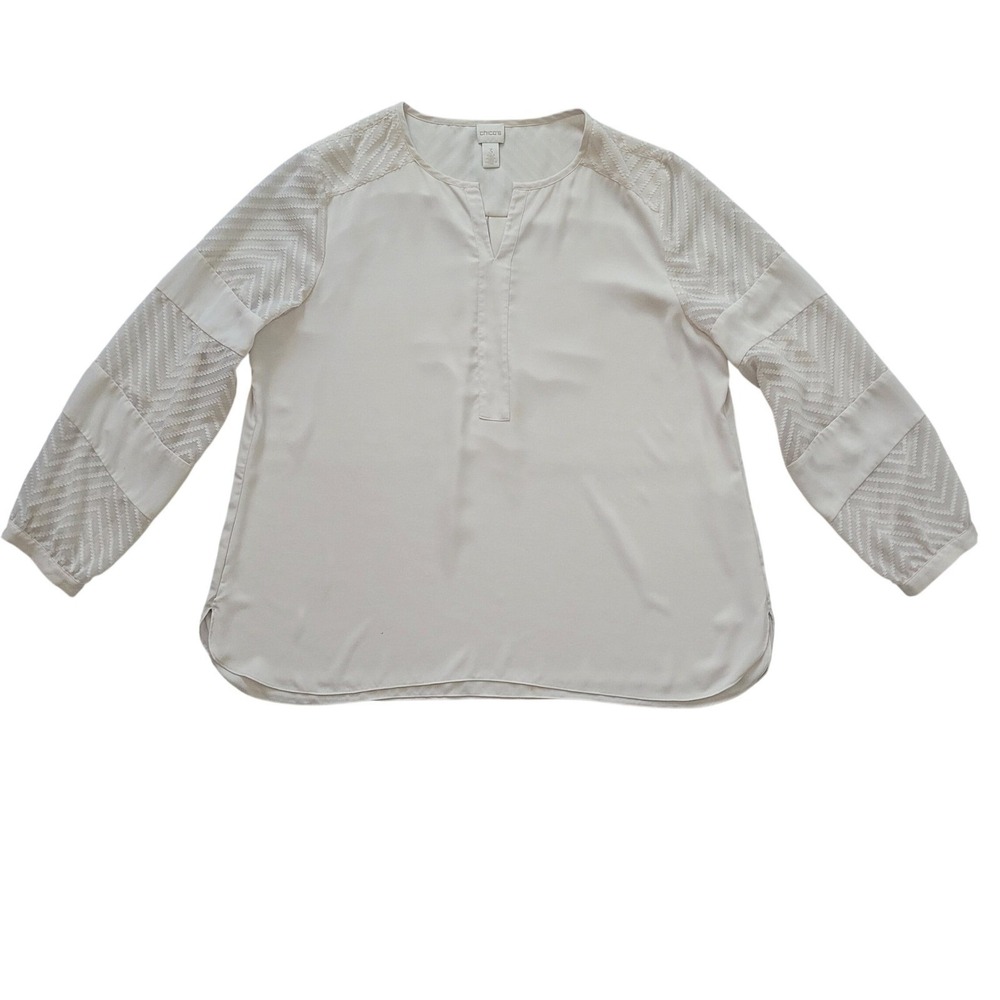 Chicos Ivory Split Neck Blouse Chevron Textured Mesh Long Sleeve Cream Size 3 XL
